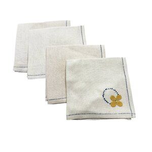 Lot 4 Linen Vintage Napkins Cloth Blue Yellow Floral Hand Stitched Tea Party
